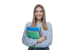 Young Student with Colorful Folders and Confident Smile png