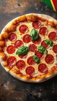 A pepperoni pizza with basil on a table photo