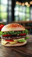Scrumptious Gourmet Burger on a Wooden Table photo
