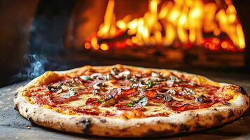 Freshly Baked Pizza with Toppings in a Wood Fired Oven photo