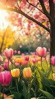 A field of pink and yellow tulips photo