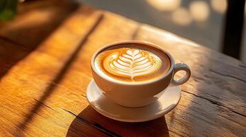 Aromatic Latte in Sunlight on Wooden Table photo