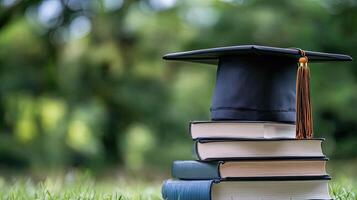 A graduation cap sits on top of a stack of books photo