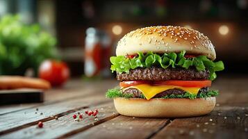 Mouthwatering Double Cheeseburger on Rustic Wooden Table photo