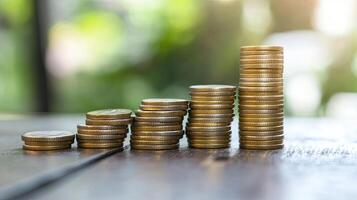 A stack of coins on a table photo