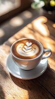 Aromatic Latte Art in Sunlight on Wooden Table photo
