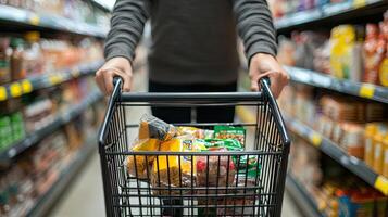 A person is pushing a shopping cart in a grocery store photo