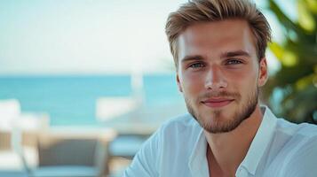 Handsome Man Posing Outdoors by the Beach photo