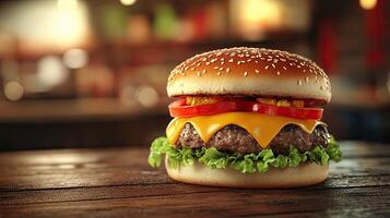 A mouthwatering cheese burger on a rustic wooden table. Perfect for a quick bite or a satisfying meal. photo