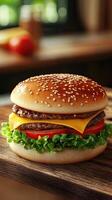 Mouthwatering Cheese Burger on Wooden Board photo