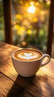 Heart Latte Art in a Sunny Cafe. A Perfect Morning Drink. photo