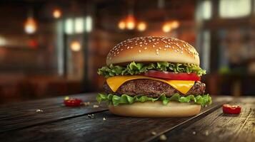Scrumptious Gourmet Burger on a Rustic Wooden Table photo