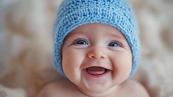 A smiling baby wearing a blue knitted hat photo