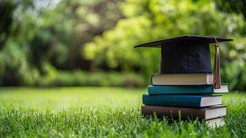 A stack of books with a graduation cap on top photo