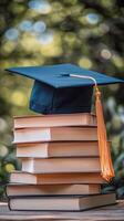 A graduation cap sits on top of a stack of books photo