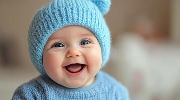 A baby wearing a blue knitted hat and smiling photo