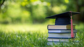 A graduation cap sits on top of a stack of books photo