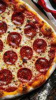 A pizza with pepperoni and cheese on a wooden table photo
