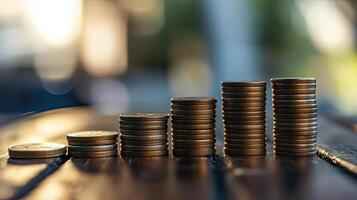 A stack of coins on a table photo