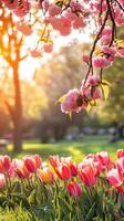 A field of pink tulips with the sun shining through the trees photo