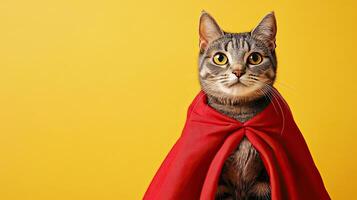A cat wearing a red cape on a yellow background photo