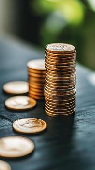 A stack of gold coins sitting on a table photo