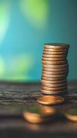 A stack of coins on a wooden table photo
