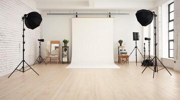 professional photo studio setup illuminating white backdrop background