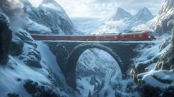 red train crossing bridge in snow covered mountains photo