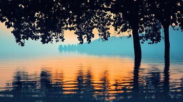 serene sunset reflection on tranquil lake waters photo
