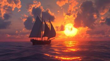 old sailboat sailing the ocean at sunset with cloudy sky photo
