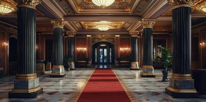 luxurious hotel lobby with red carpet and columns photo