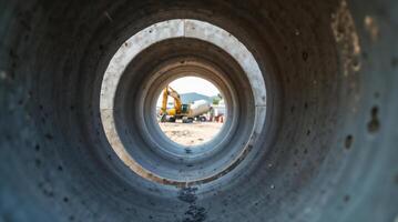 Scene from Inside a Concrete Pipe at a Construction Area photo