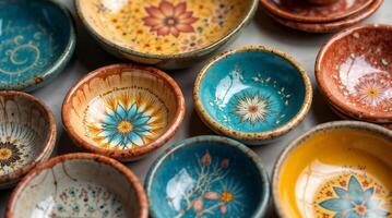 Hand-painted ceramic bowls with colorful floral patterns photo