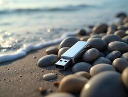 USB flash drive on a pebble beach by the sea photo