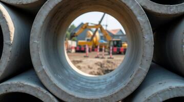 Construction site through concrete pipes photo