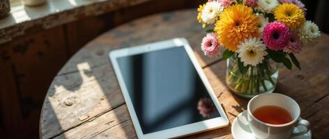 A wooden table with a tablet, tea, and flowers photo