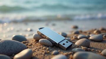 USB memory device on a pebble-covered shore photo