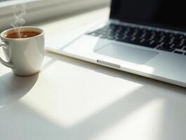 Laptop and steaming coffee on a clean white desk photo