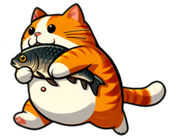 Cute Cartoon Cat Running with Fish png