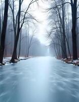Beautiful winter landscape with foggy river and trees in the forest photo