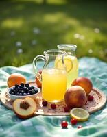 Jug and glass of fresh juice with fruits and berries on green background photo