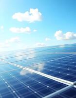 solar energy panels against blue sky with clouds 3d rendering image photo