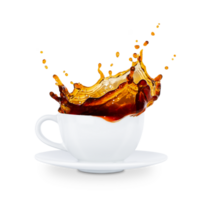 Coffee splash in white with floating coffee beans. Isolated on a transparent background. Stock photo. png