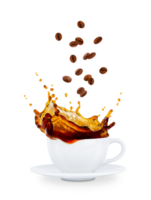 Coffee splash in white with floating coffee beans. Isolated on a transparent background. png