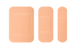 Three different sizes of skin toned adhesive bandages arranged side by side. The bandages have a perforated texture png