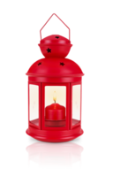 Red decorative lantern with a lit candle inside, isolated on a transparent background. Stock photo. png