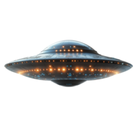 Futuristic Flying Saucer with Glowing Lights, Realistic UFO Isolated on Transparent Background png