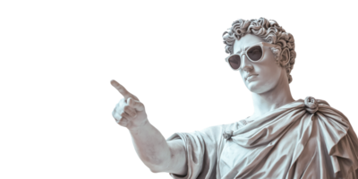 Sculpture of a Greek man in sunglasses pointing finger at your advertisement, male statue in Greek style isolated on a transparent background with copy space area png