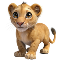 Playful baby lion with big eyes and soft fur jungle animated character bright environment close-up view whimsical concept png